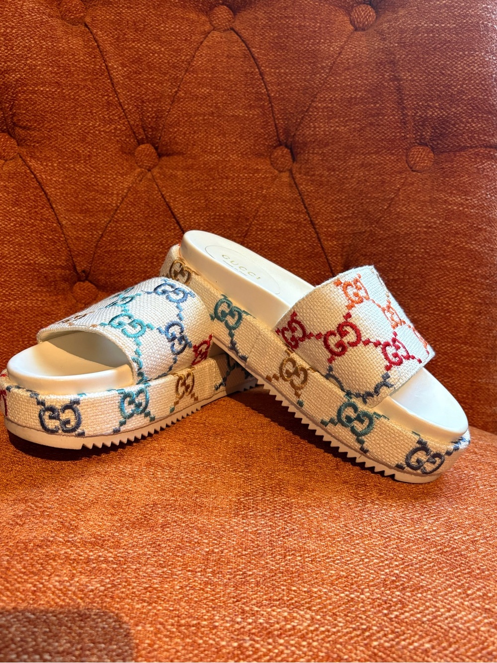 Gucci Angelina Multicolor GG Logo Platform Slides Sandals